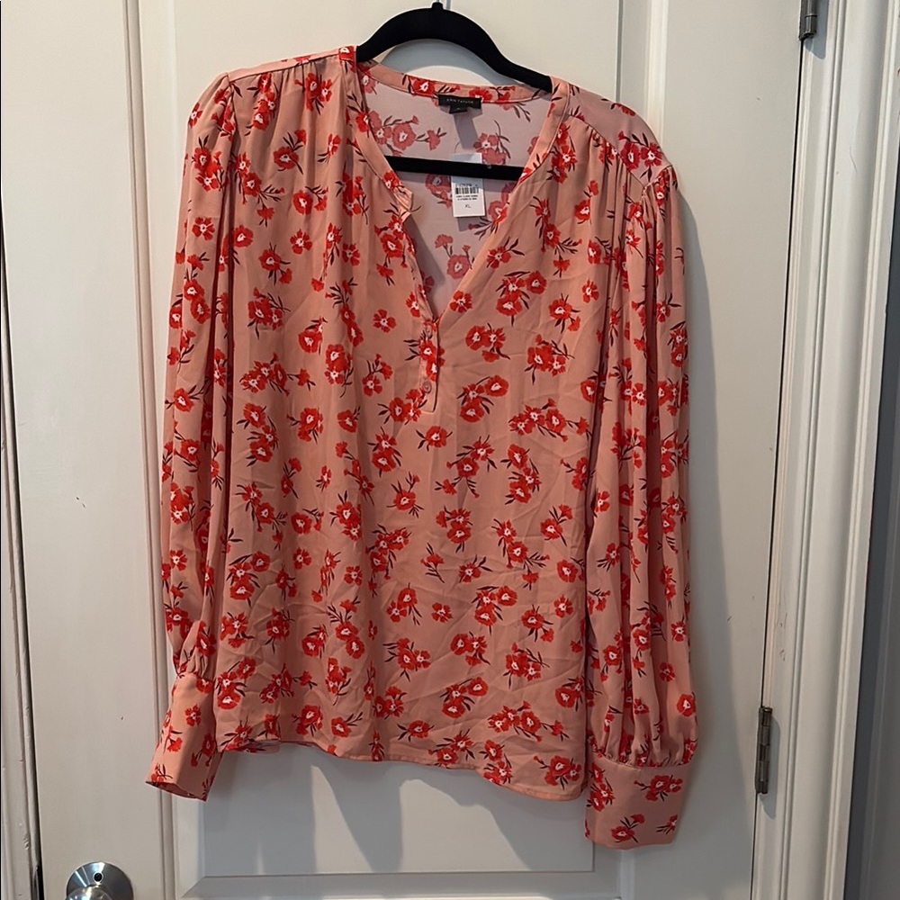 Ann Taylor Floral V-Neck Blouse - Red and Cream